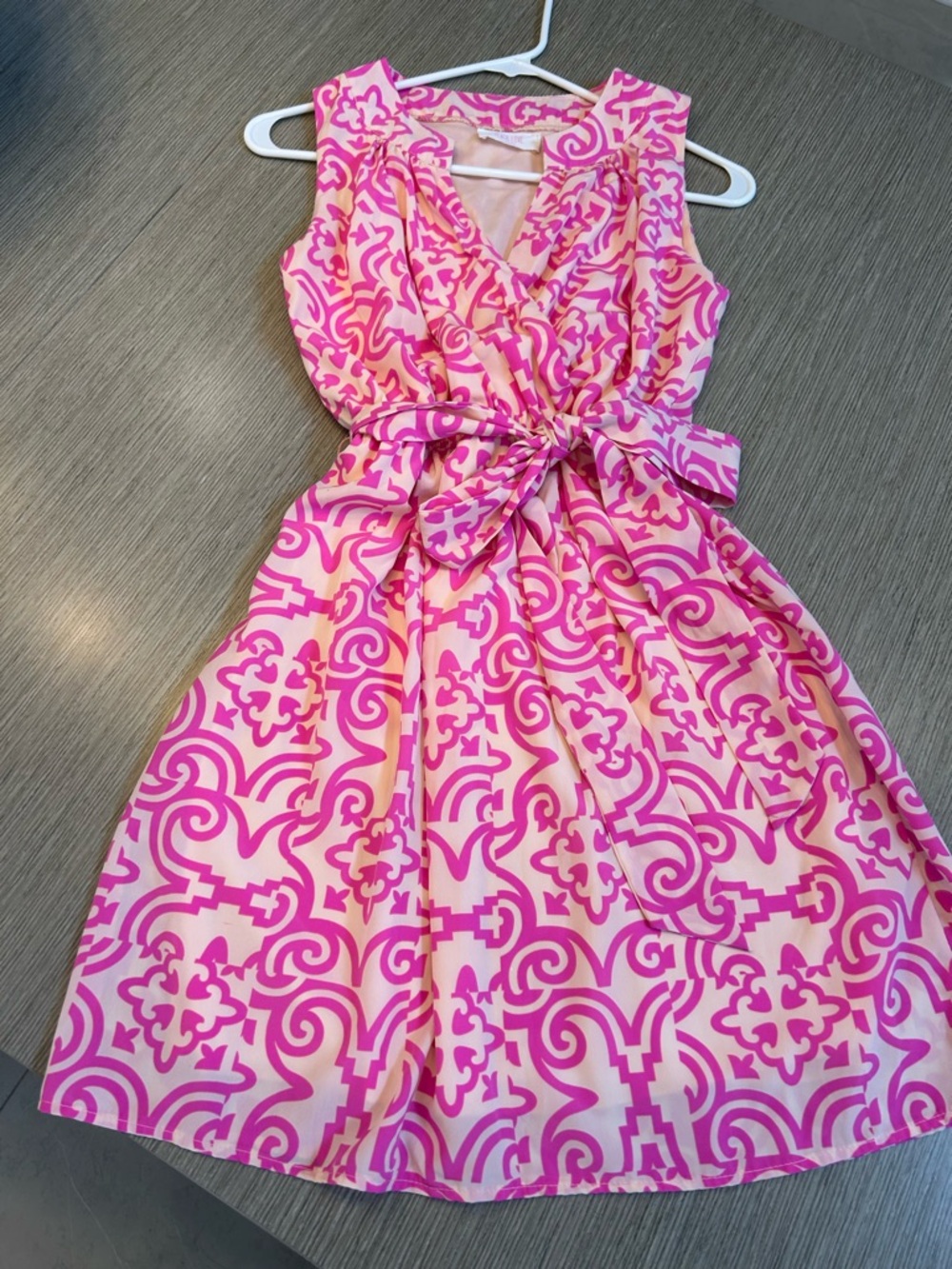Peach Love California Pink and Cream Patterned Wrap Mini Dress